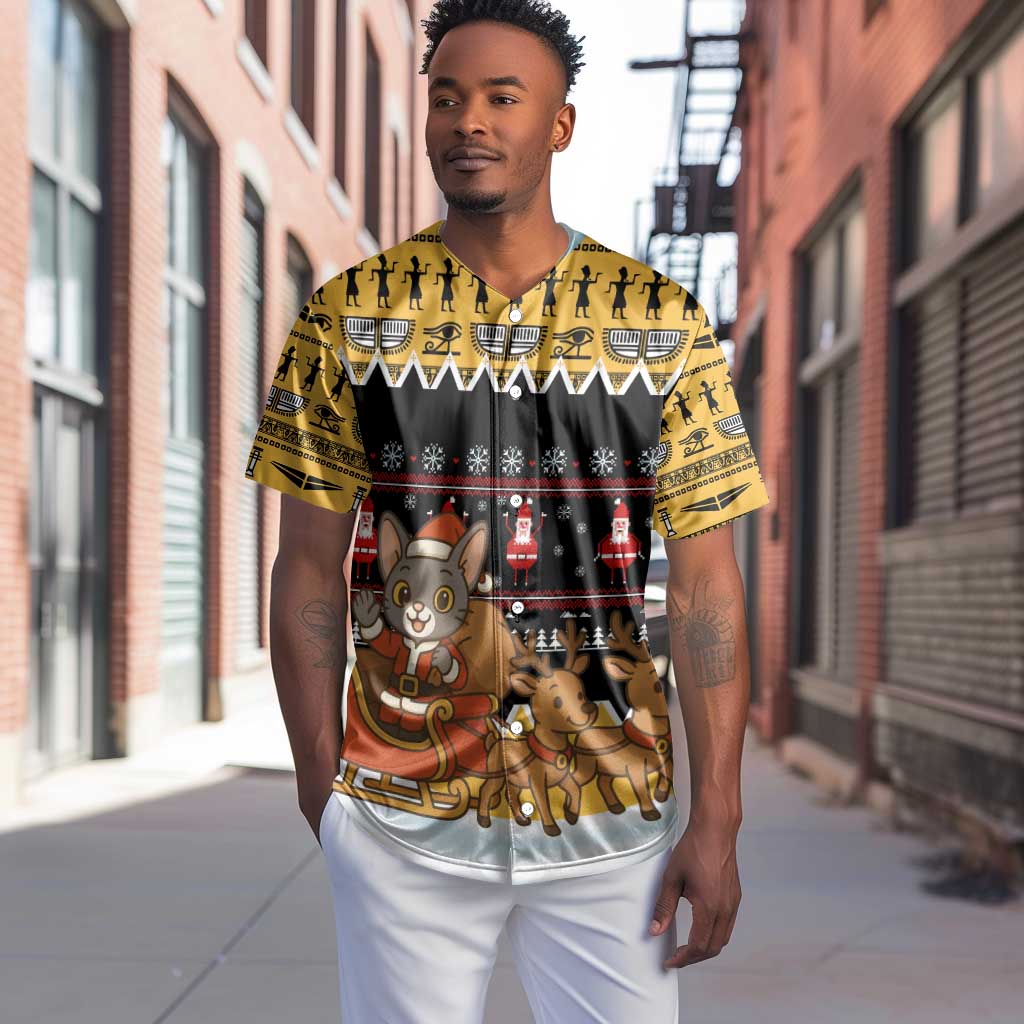 Egypt Christmas Baseball Jersey Santa Cat Sleigh Reindeer Christmas Tree and Ancient Hieroglyphic - African Pride