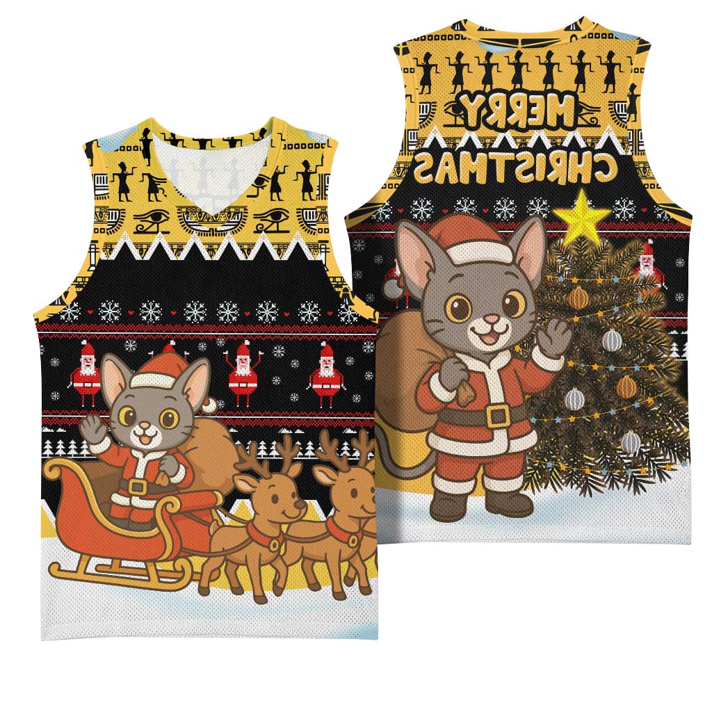 Egypt Christmas Basketball Jersey Santa Cat Sleigh Reindeer Christmas Tree and Ancient Hieroglyphic - African Pride