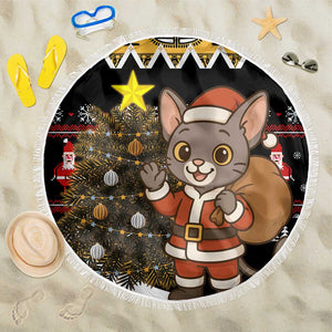 Egypt Christmas Beach Blanket Santa Cat Sleigh Reindeer Christmas Tree and Ancient Hieroglyphic - African Pride