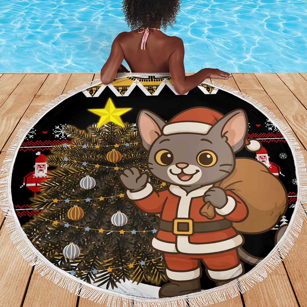 Egypt Christmas Beach Blanket Santa Cat Sleigh Reindeer Christmas Tree and Ancient Hieroglyphic - African Pride