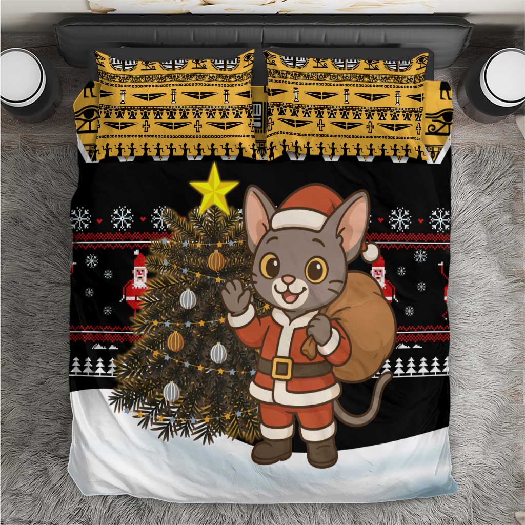 Egypt Christmas Bedding Set Santa Cat Sleigh Reindeer Christmas Tree and Ancient Hieroglyphic - African Pride
