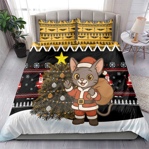 Egypt Christmas Bedding Set Santa Cat Sleigh Reindeer Christmas Tree and Ancient Hieroglyphic - African Pride