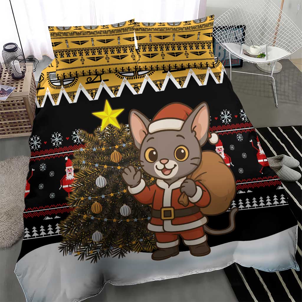 Egypt Christmas Bedding Set Santa Cat Sleigh Reindeer Christmas Tree and Ancient Hieroglyphic - African Pride