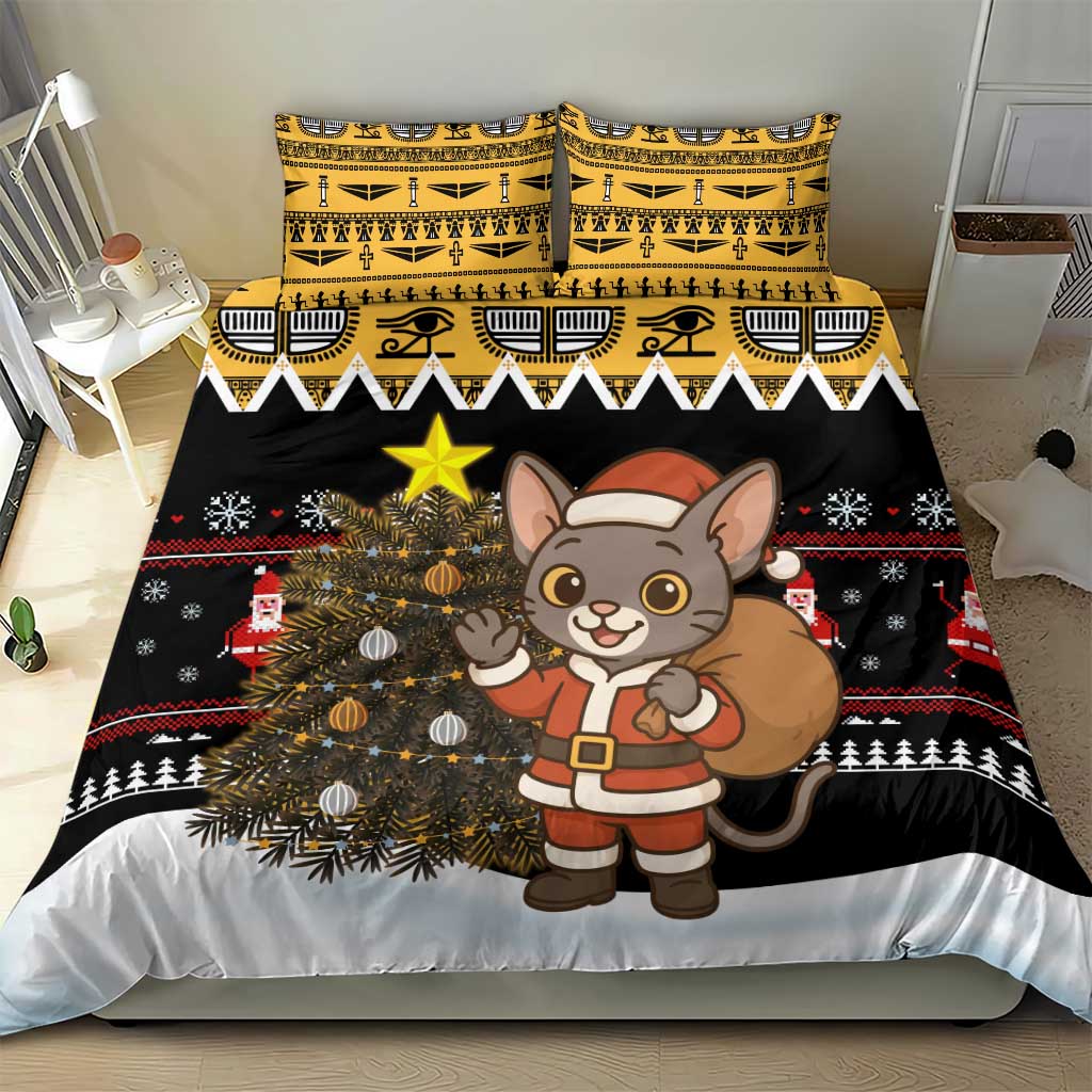 Egypt Christmas Bedding Set Santa Cat Sleigh Reindeer Christmas Tree and Ancient Hieroglyphic - African Pride