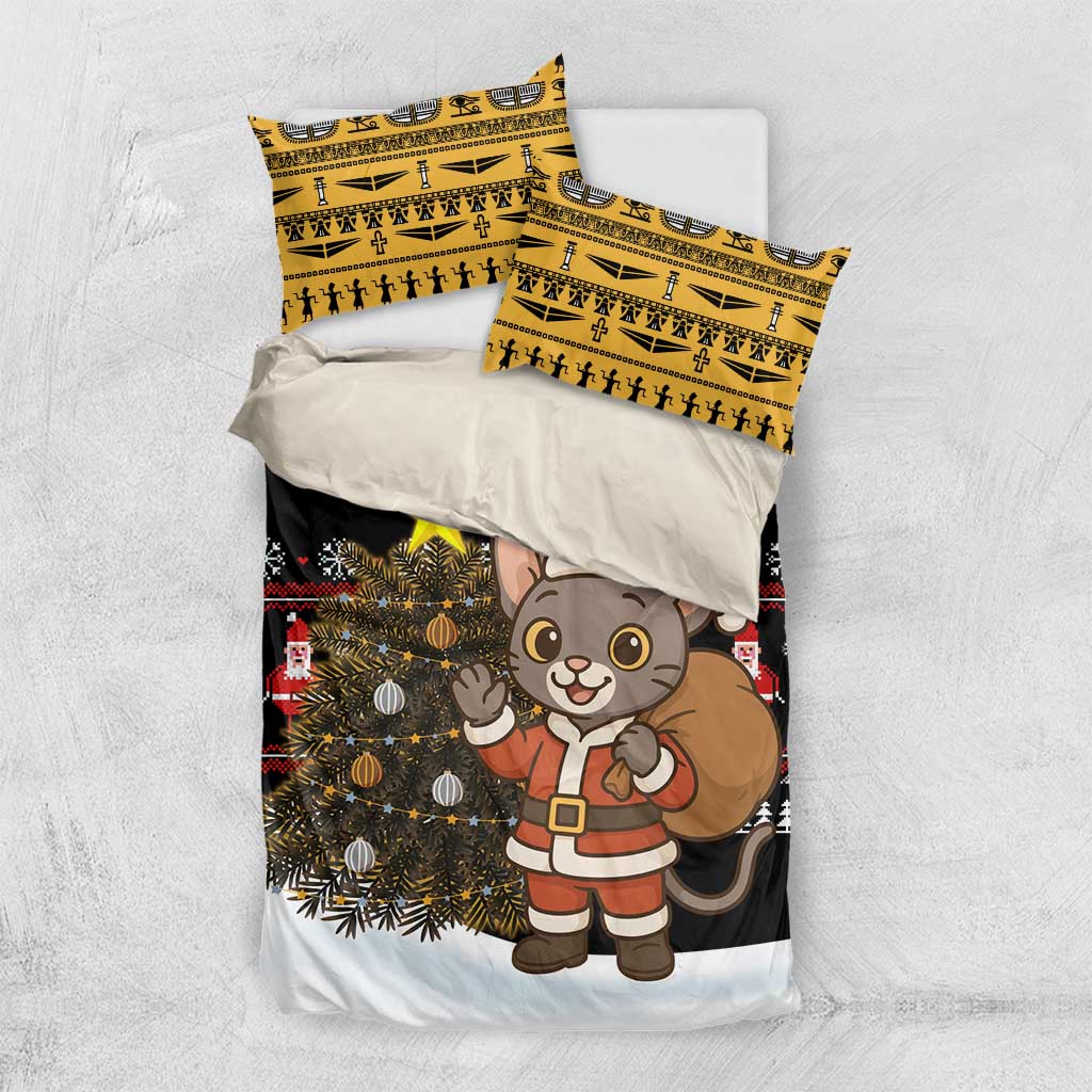Egypt Christmas Bedding Set Santa Cat Sleigh Reindeer Christmas Tree and Ancient Hieroglyphic - African Pride