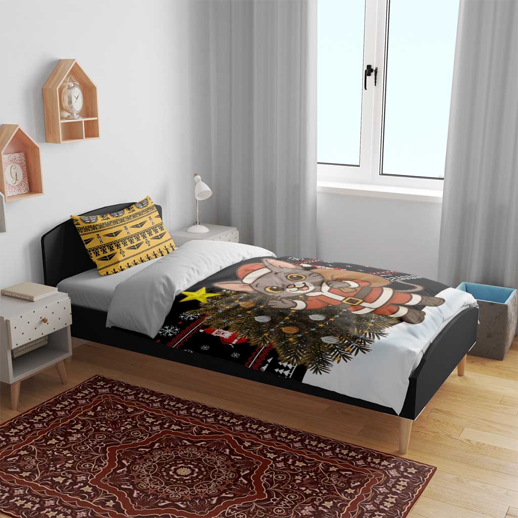 Egypt Christmas Bedding Set Santa Cat Sleigh Reindeer Christmas Tree and Ancient Hieroglyphic - African Pride