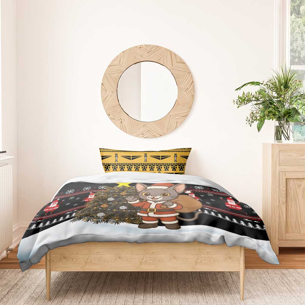 Egypt Christmas Bedding Set Santa Cat Sleigh Reindeer Christmas Tree and Ancient Hieroglyphic - African Pride