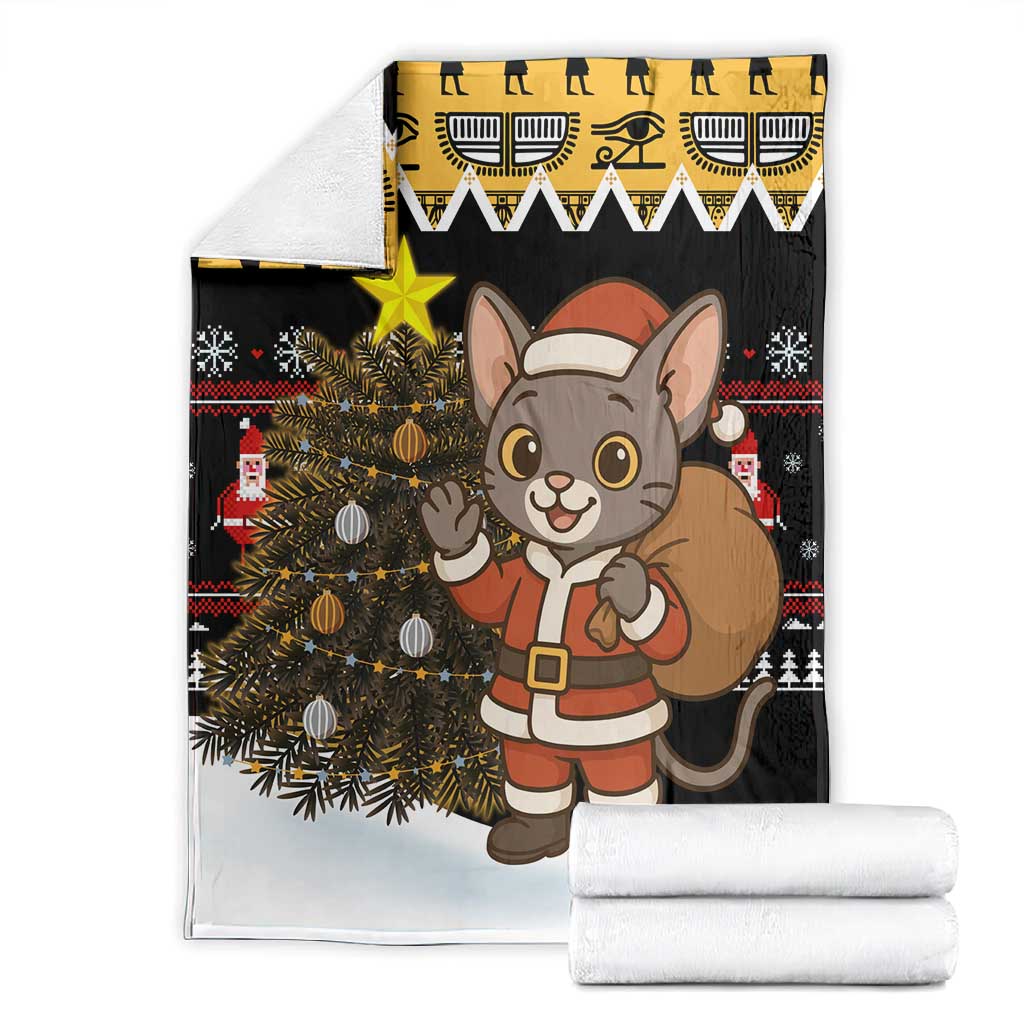 Egypt Christmas Blanket Santa Cat Sleigh Reindeer Christmas Tree and Ancient Hieroglyphic - African Pride