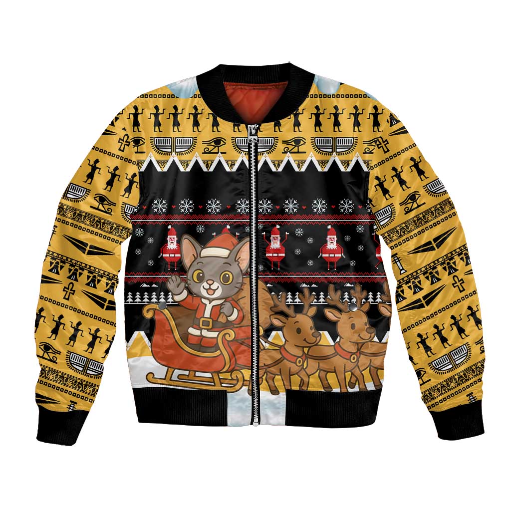 Egypt Christmas Bomber Jacket Santa Cat Sleigh Reindeer Christmas Tree and Ancient Hieroglyphic - African Pride