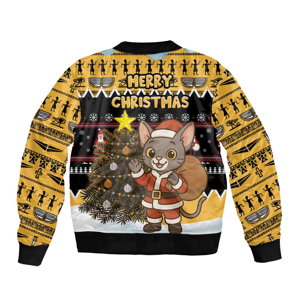Egypt Christmas Bomber Jacket Santa Cat Sleigh Reindeer Christmas Tree and Ancient Hieroglyphic - African Pride