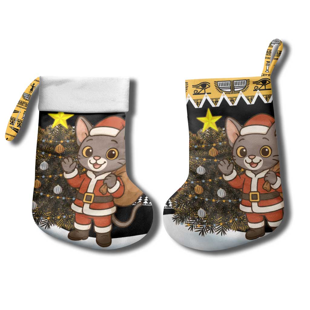 Egypt Christmas Stocking Santa Cat Sleigh Reindeer Christmas Tree and Ancient Hieroglyphic - African Pride