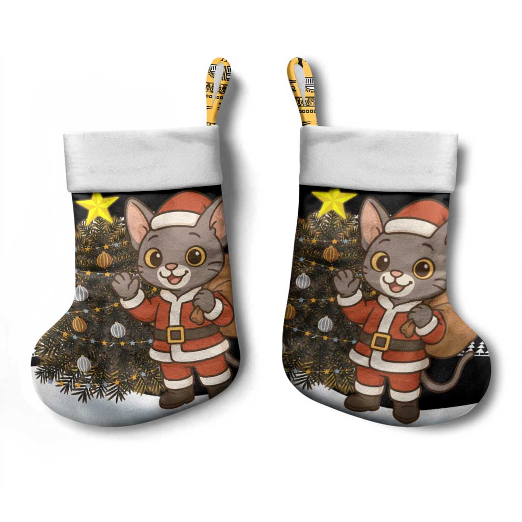 Egypt Christmas Stocking Santa Cat Sleigh Reindeer Christmas Tree and Ancient Hieroglyphic - African Pride