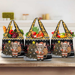 Egypt Christmas Grocery Bag Santa Cat Sleigh Reindeer Christmas Tree and Ancient Hieroglyphic - African Pride