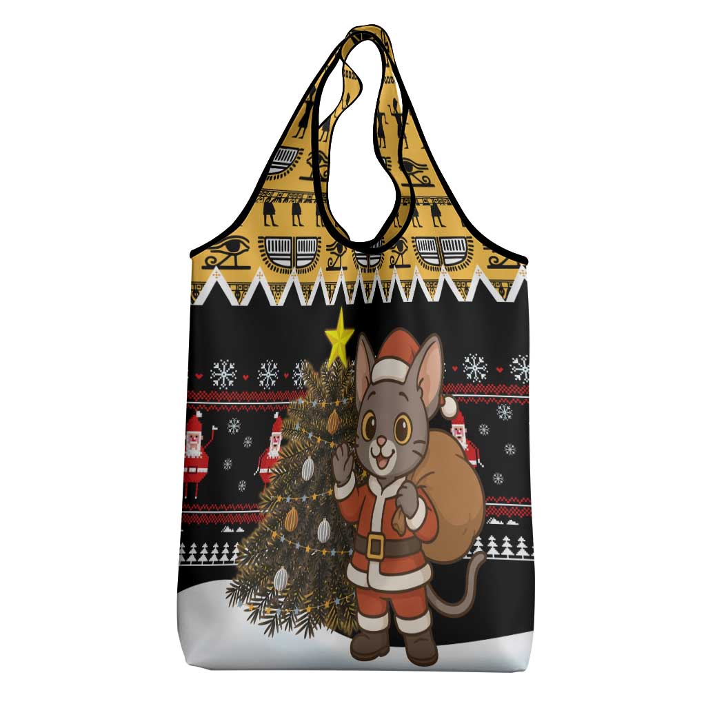 Egypt Christmas Grocery Bag Santa Cat Sleigh Reindeer Christmas Tree and Ancient Hieroglyphic - African Pride