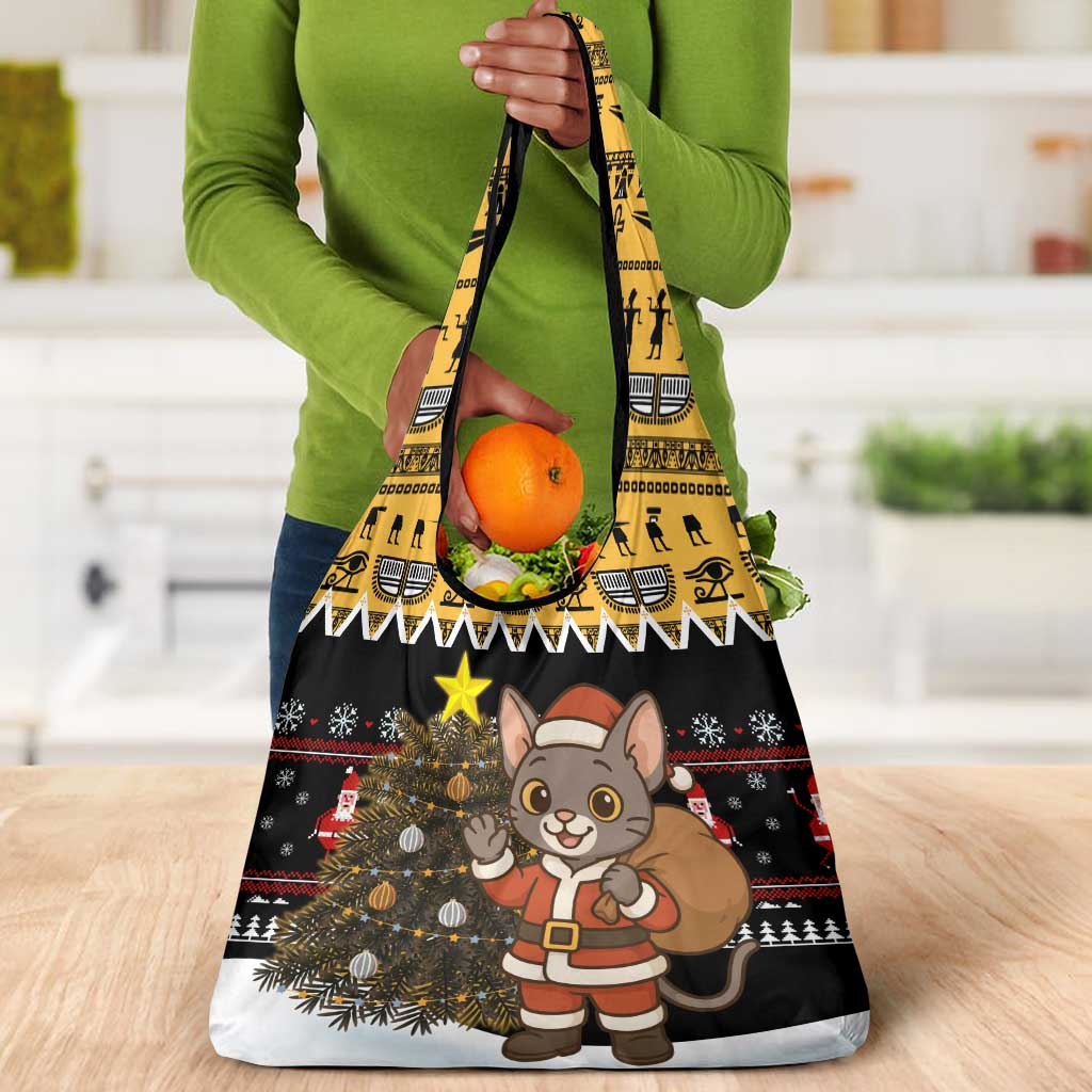 Egypt Christmas Grocery Bag Santa Cat Sleigh Reindeer Christmas Tree and Ancient Hieroglyphic - African Pride