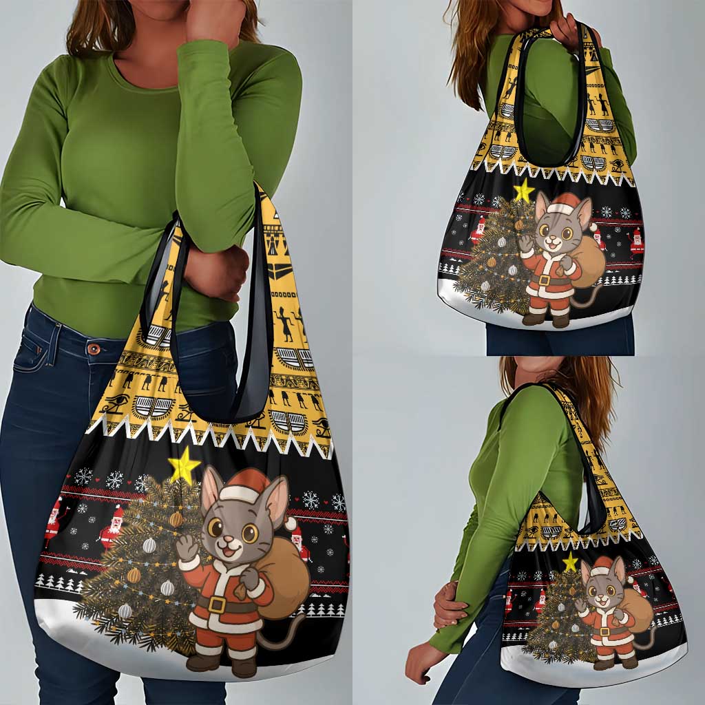 Egypt Christmas Grocery Bag Santa Cat Sleigh Reindeer Christmas Tree and Ancient Hieroglyphic - African Pride