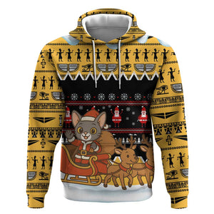 Egypt Christmas Hoodie Santa Cat Sleigh Reindeer Christmas Tree and Ancient Hieroglyphic - African Pride