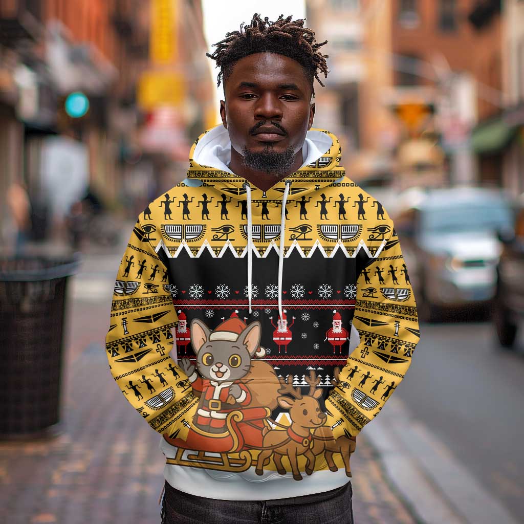 Egypt Christmas Hoodie Santa Cat Sleigh Reindeer Christmas Tree and Ancient Hieroglyphic - African Pride
