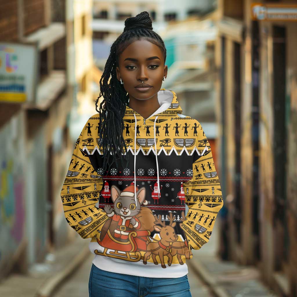Egypt Christmas Hoodie Santa Cat Sleigh Reindeer Christmas Tree and Ancient Hieroglyphic - African Pride