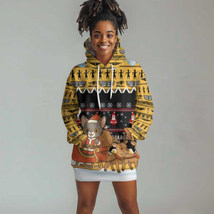 Egypt Christmas Hoodie Dress Santa Cat Sleigh Reindeer Christmas Tree and Ancient Hieroglyphic - African Pride