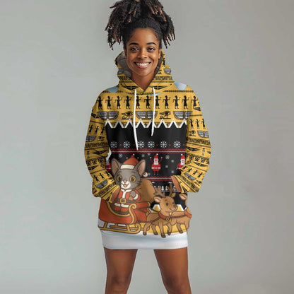 Egypt Christmas Hoodie Dress Santa Cat Sleigh Reindeer Christmas Tree and Ancient Hieroglyphic - African Pride