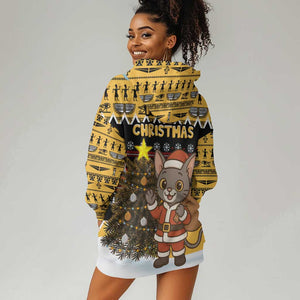 Egypt Christmas Hoodie Dress Santa Cat Sleigh Reindeer Christmas Tree and Ancient Hieroglyphic - African Pride
