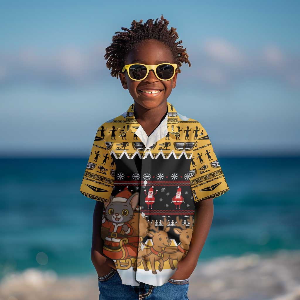Egypt Christmas Kid Hawaiian Shirt Santa Cat Sleigh Reindeer Christmas Tree and Ancient Hieroglyphic - African Pride