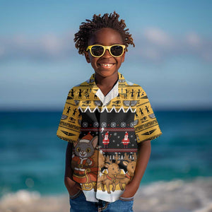 Egypt Christmas Kid Hawaiian Shirt Santa Cat Sleigh Reindeer Christmas Tree and Ancient Hieroglyphic - African Pride
