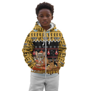 Egypt Christmas Kid Hoodie Santa Cat Sleigh Reindeer Christmas Tree and Ancient Hieroglyphic - African Pride