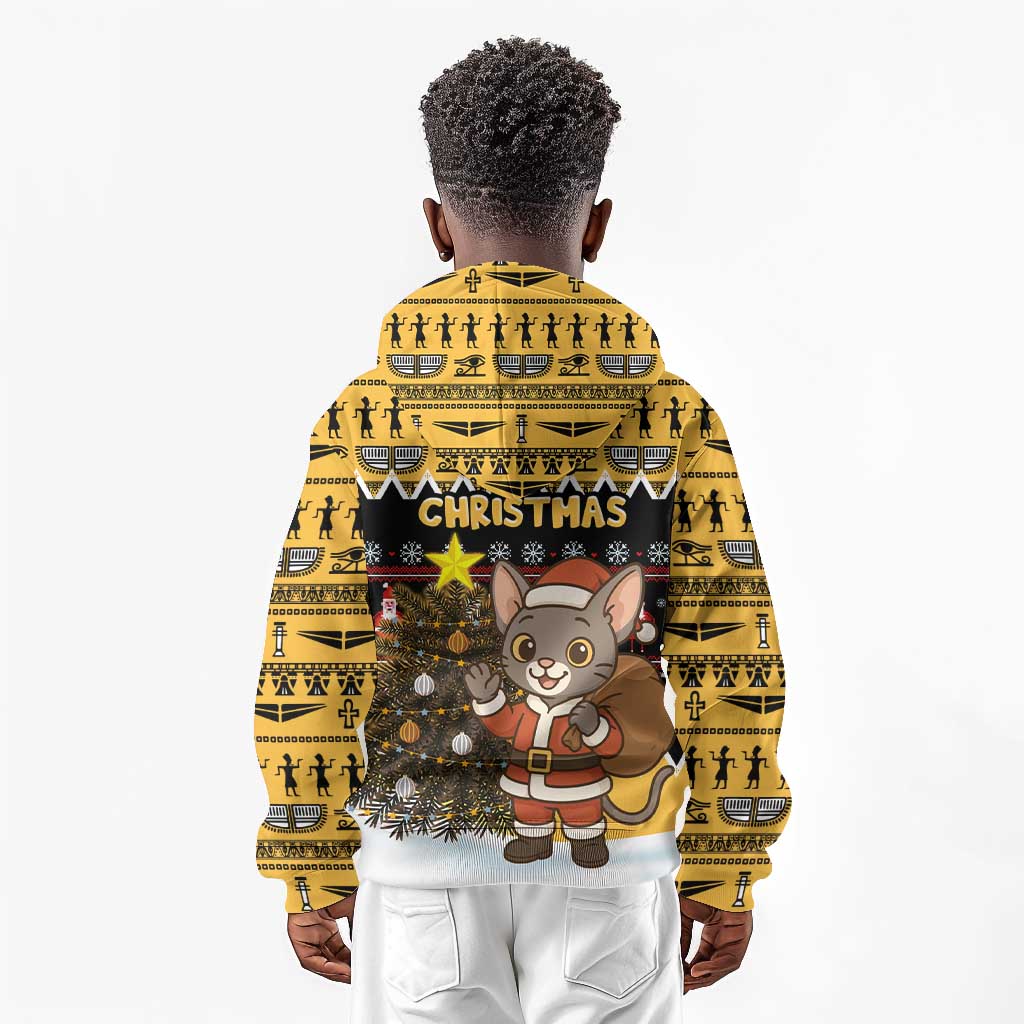 Egypt Christmas Kid Hoodie Santa Cat Sleigh Reindeer Christmas Tree and Ancient Hieroglyphic - African Pride