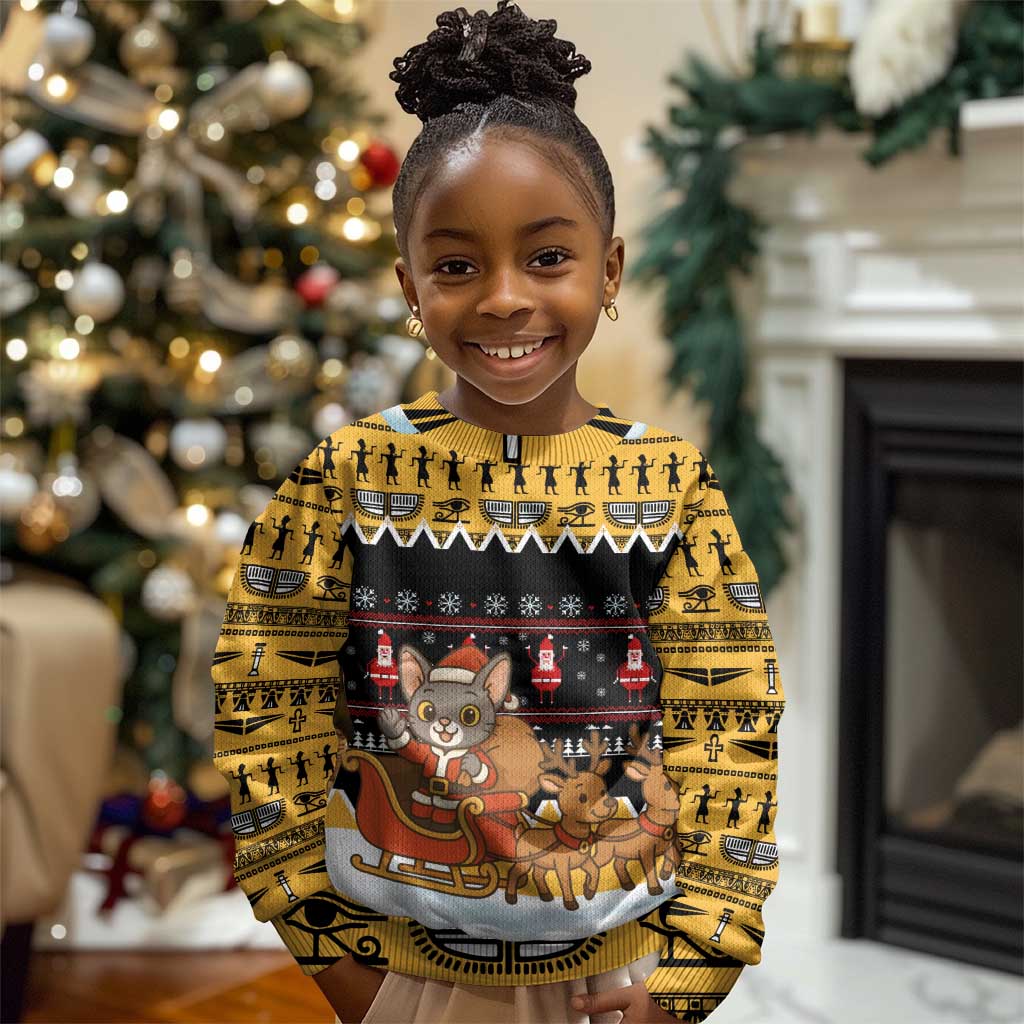 Egypt Christmas Kid Ugly Christmas Sweater Santa Cat Sleigh Reindeer Christmas Tree and Ancient Hieroglyphic - African Pride