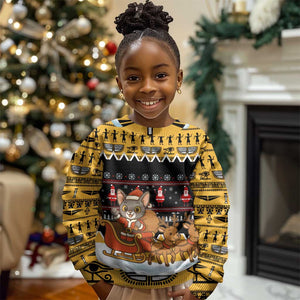 Egypt Christmas Kid Ugly Christmas Sweater Santa Cat Sleigh Reindeer Christmas Tree and Ancient Hieroglyphic - African Pride
