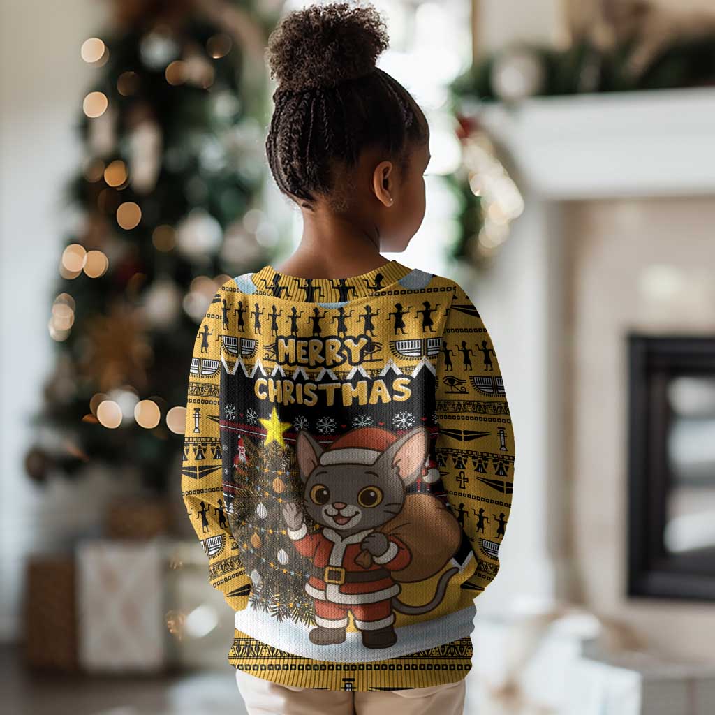 Egypt Christmas Kid Ugly Christmas Sweater Santa Cat Sleigh Reindeer Christmas Tree and Ancient Hieroglyphic - African Pride