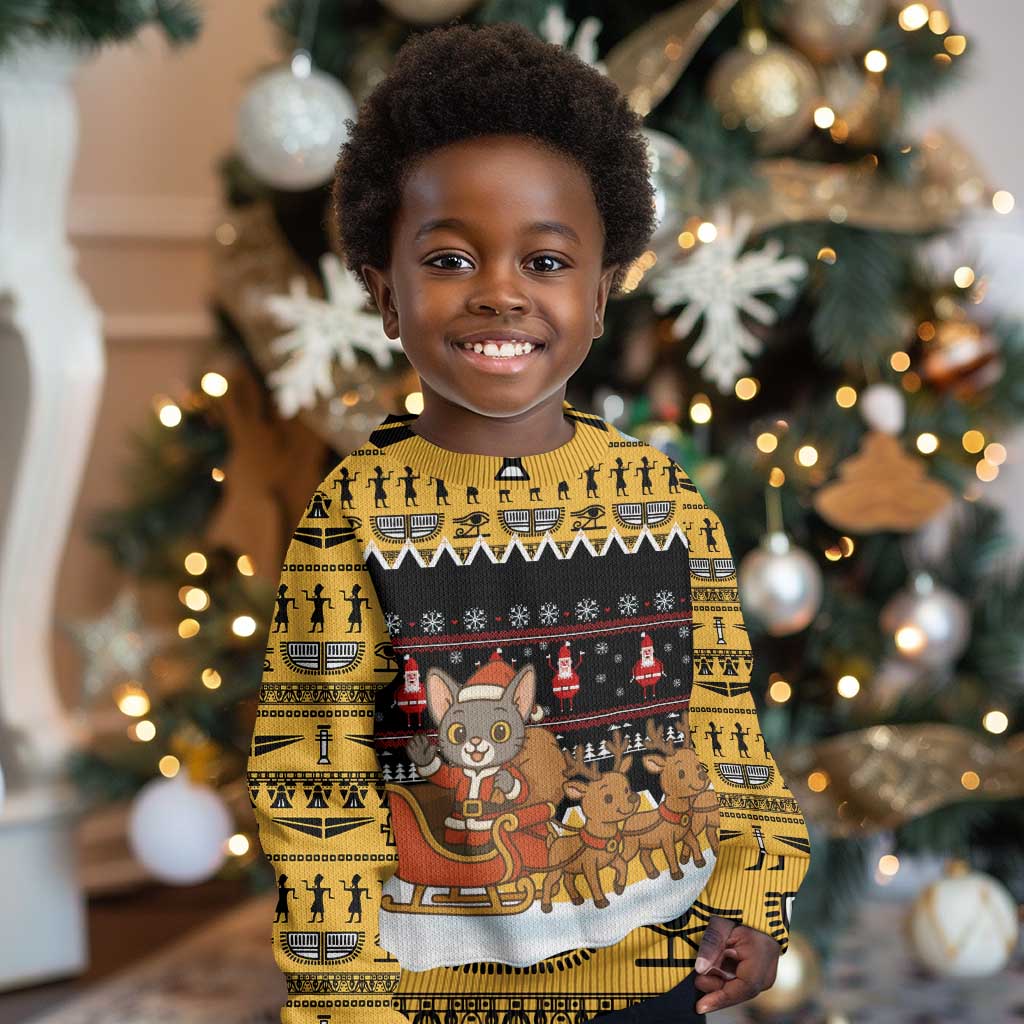 Egypt Christmas Kid Ugly Christmas Sweater Santa Cat Sleigh Reindeer Christmas Tree and Ancient Hieroglyphic - African Pride