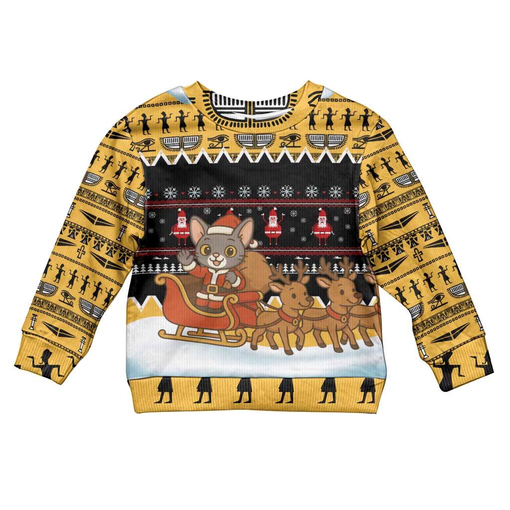 Egypt Christmas Kid Ugly Christmas Sweater Santa Cat Sleigh Reindeer Christmas Tree and Ancient Hieroglyphic - African Pride