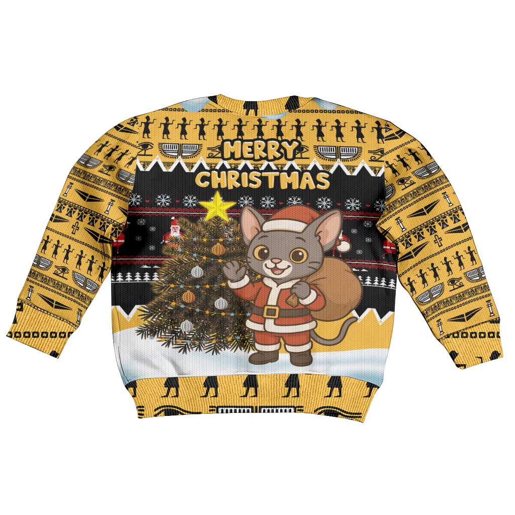 Egypt Christmas Kid Ugly Christmas Sweater Santa Cat Sleigh Reindeer Christmas Tree and Ancient Hieroglyphic - African Pride