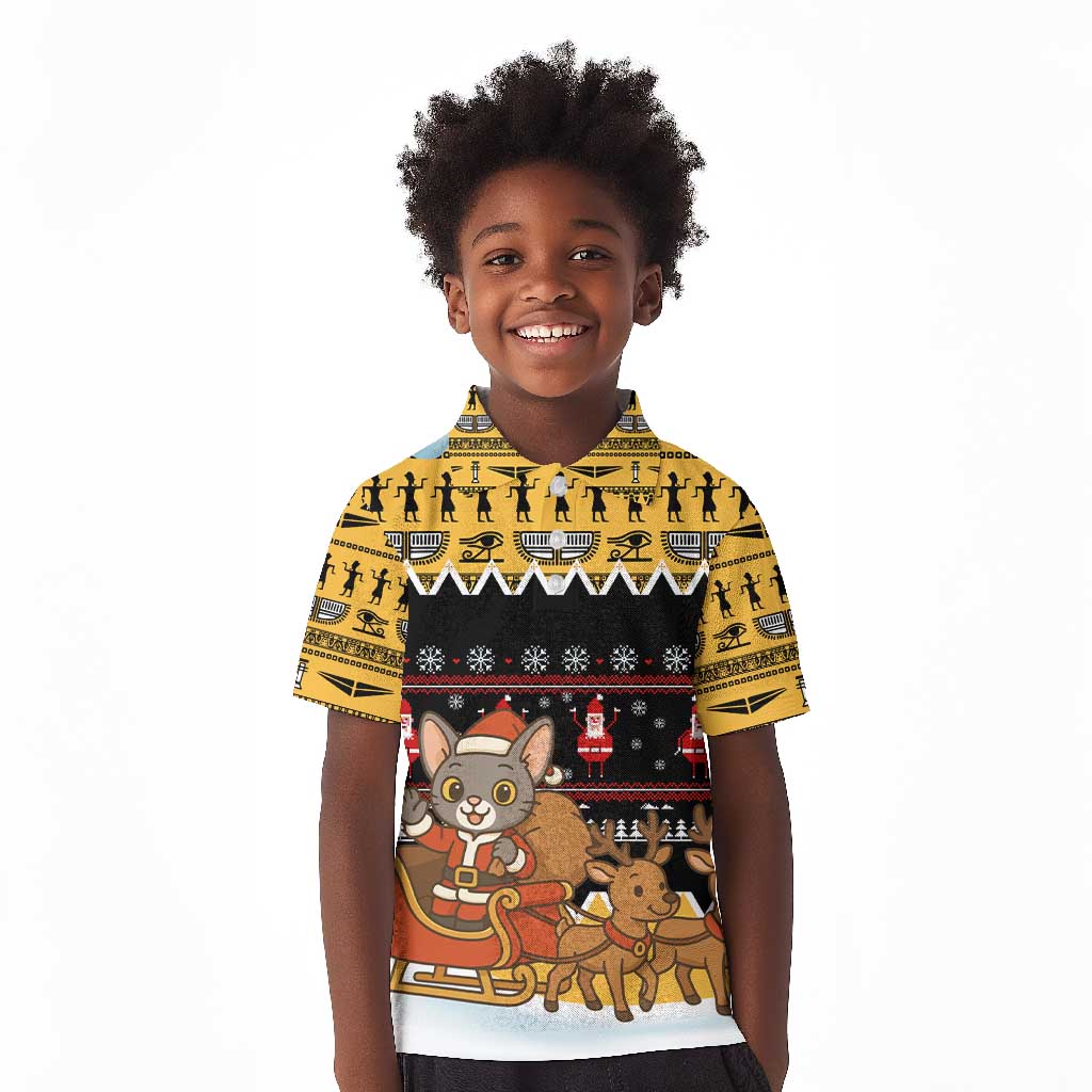 Egypt Christmas Kid Polo Shirt Santa Cat Sleigh Reindeer Christmas Tree and Ancient Hieroglyphic - African Pride