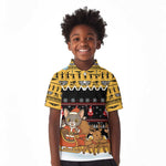 Egypt Christmas Kid Polo Shirt Santa Cat Sleigh Reindeer Christmas Tree and Ancient Hieroglyphic - African Pride