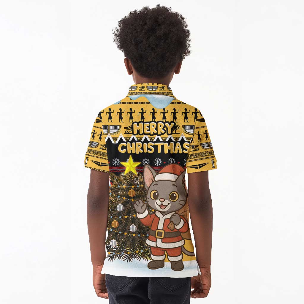 Egypt Christmas Kid Polo Shirt Santa Cat Sleigh Reindeer Christmas Tree and Ancient Hieroglyphic - African Pride
