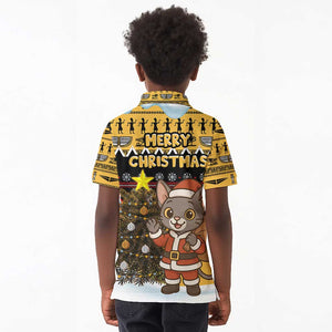 Egypt Christmas Kid Polo Shirt Santa Cat Sleigh Reindeer Christmas Tree and Ancient Hieroglyphic - African Pride