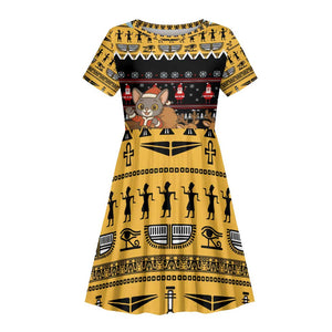 Egypt Christmas Kid Short Sleeve Dress Santa Cat Sleigh Reindeer Christmas Tree and Ancient Hieroglyphic - African Pride