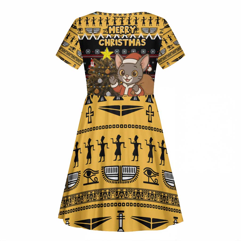 Egypt Christmas Kid Short Sleeve Dress Santa Cat Sleigh Reindeer Christmas Tree and Ancient Hieroglyphic - African Pride