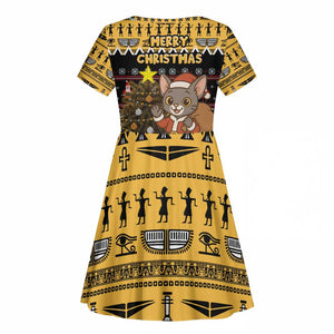 Egypt Christmas Kid Short Sleeve Dress Santa Cat Sleigh Reindeer Christmas Tree and Ancient Hieroglyphic - African Pride