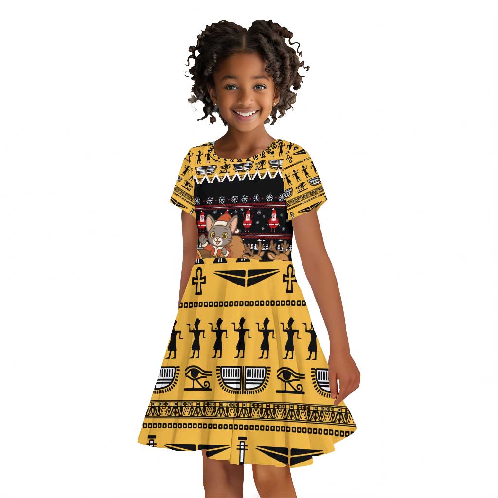 Egypt Christmas Kid Short Sleeve Dress Santa Cat Sleigh Reindeer Christmas Tree and Ancient Hieroglyphic - African Pride