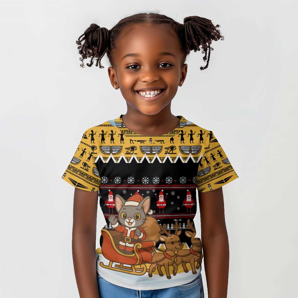 Egypt Christmas Kid T shirt Santa Cat Sleigh Reindeer Christmas Tree and Ancient Hieroglyphic - African Pride