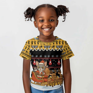 Egypt Christmas Kid T shirt Santa Cat Sleigh Reindeer Christmas Tree and Ancient Hieroglyphic - African Pride