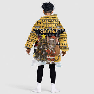 Egypt Christmas Kid Wearable Blanket Hoodie Santa Cat Sleigh Reindeer Christmas Tree and Ancient Hieroglyphic - African Pride