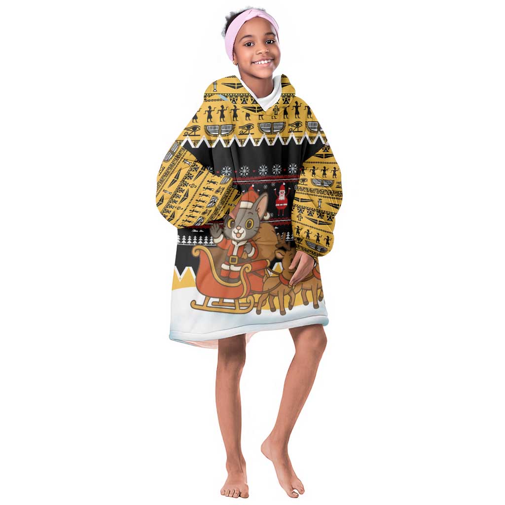 Egypt Christmas Kid Wearable Blanket Hoodie Santa Cat Sleigh Reindeer Christmas Tree and Ancient Hieroglyphic - African Pride