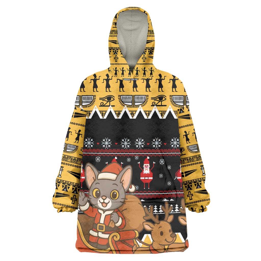 Egypt Christmas Kid Wearable Blanket Hoodie Santa Cat Sleigh Reindeer Christmas Tree and Ancient Hieroglyphic - African Pride