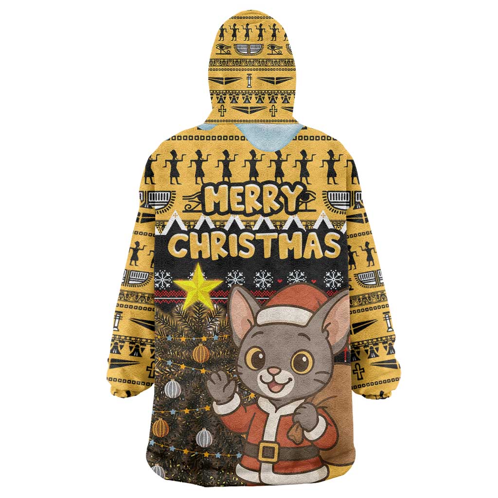 Egypt Christmas Kid Wearable Blanket Hoodie Santa Cat Sleigh Reindeer Christmas Tree and Ancient Hieroglyphic - African Pride